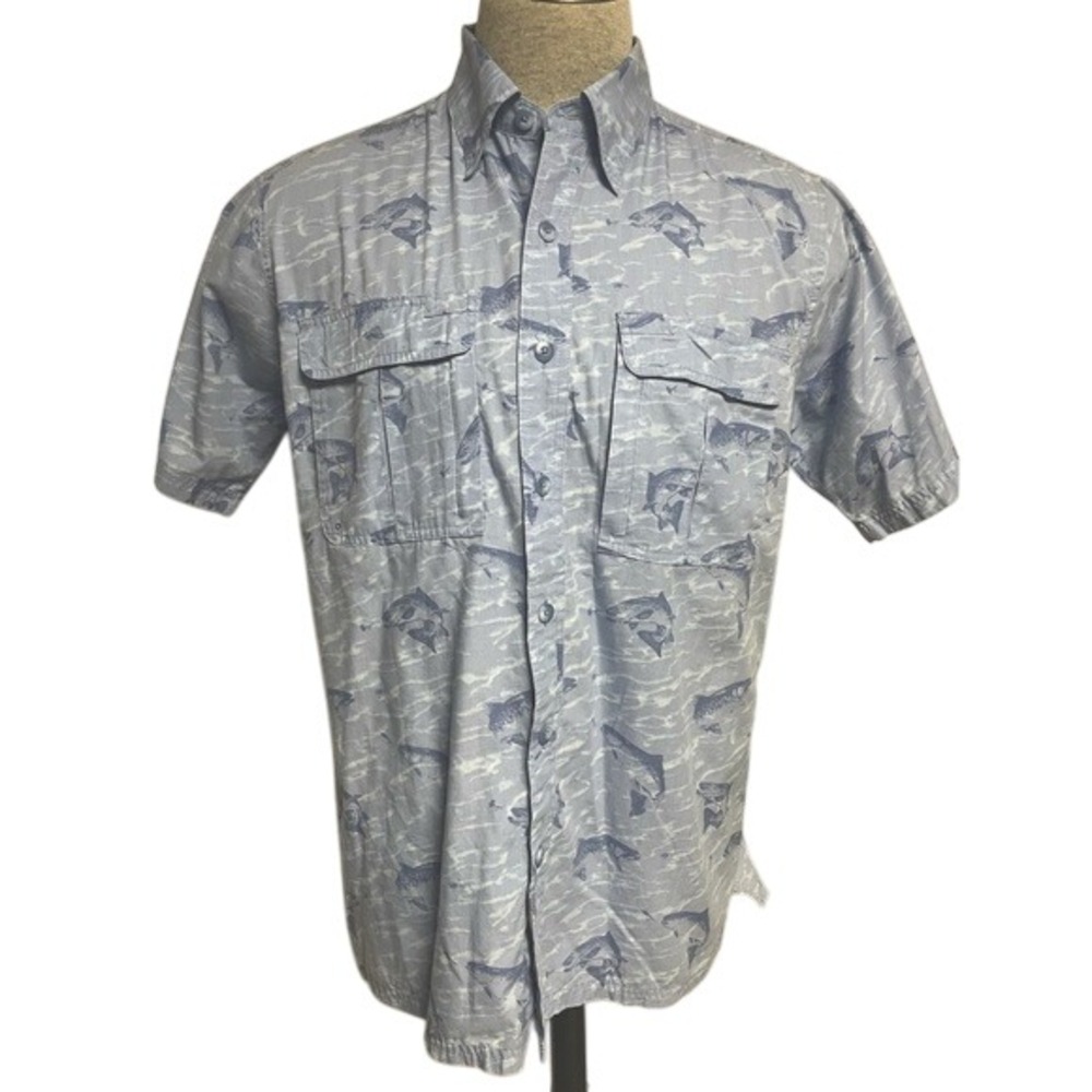 L.L. Bean Blue Fish Print Short Sleeve Button Down‎ Shirt Mens Medium